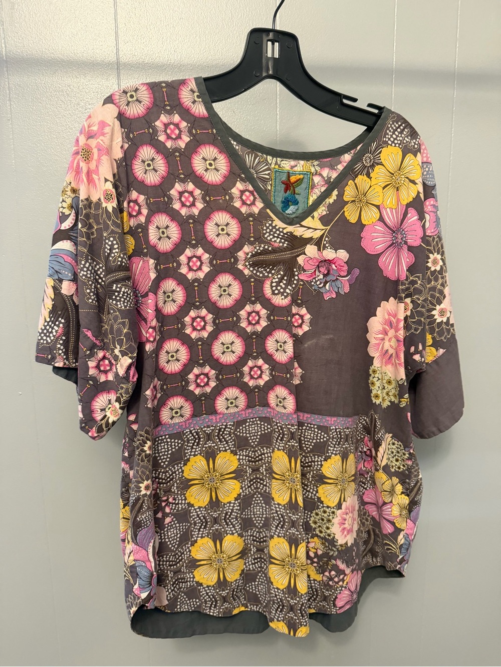 Johnny Was Patchwork Floral V-Neck Tunic — Pink, Yellow & Gray